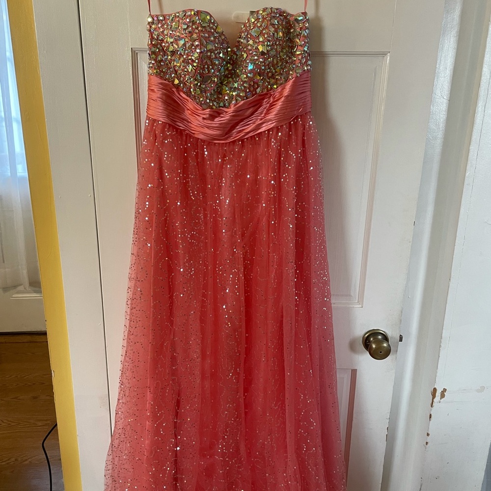 Peach color prom dress with rhinestones